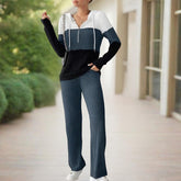 Women's Contracted Design Color-Block Hooded Sweatsuit Set - Long Sleeve Zip-Up Hoodie With Wide-Leg Lounge Pants - kinko